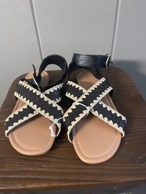 NWT Old Navy Ankle Strap Sandals Black & Beige Woven Womens  7 Boho Festival